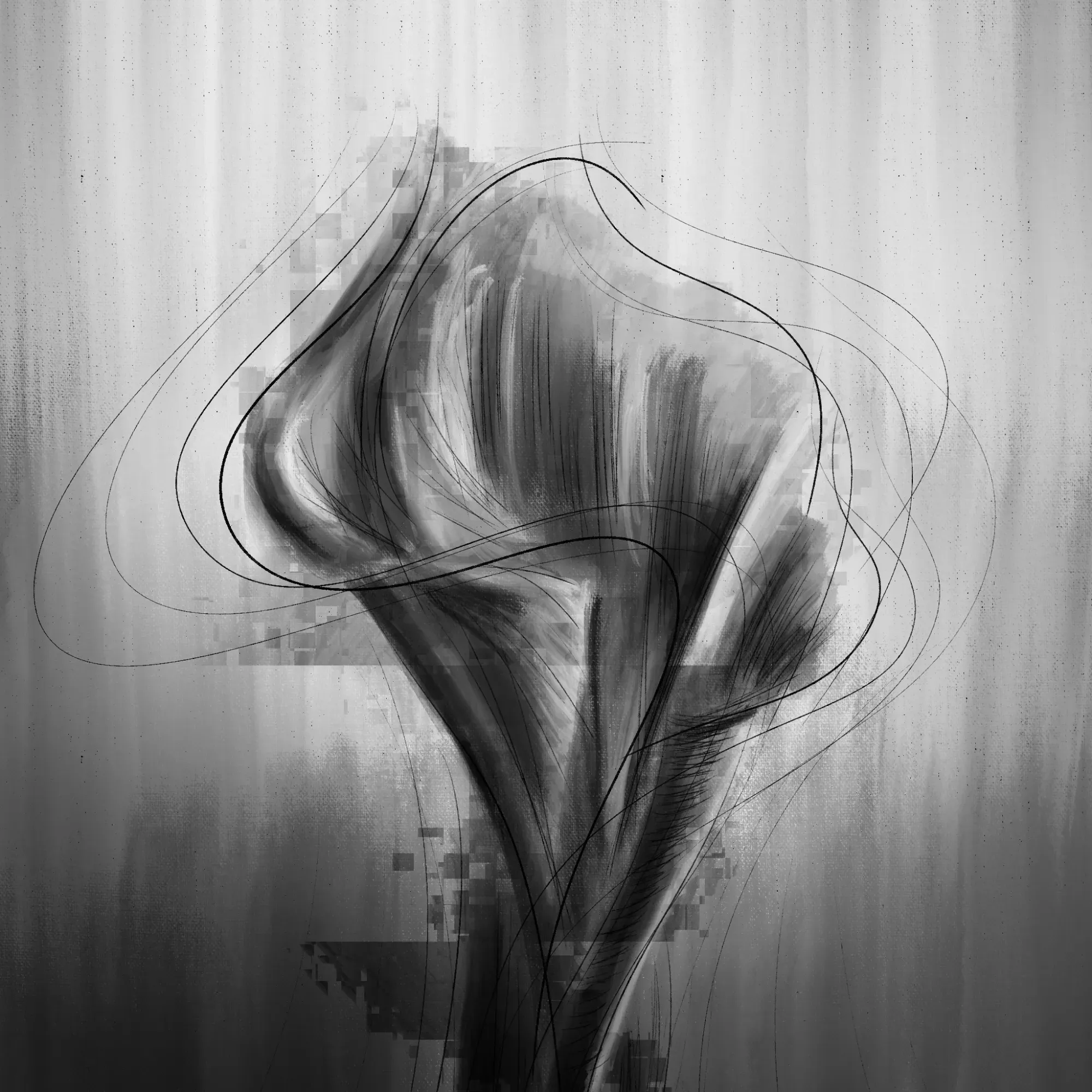 A black-and-white calla lily wrapped in loose looping lines, with pixelated blocks