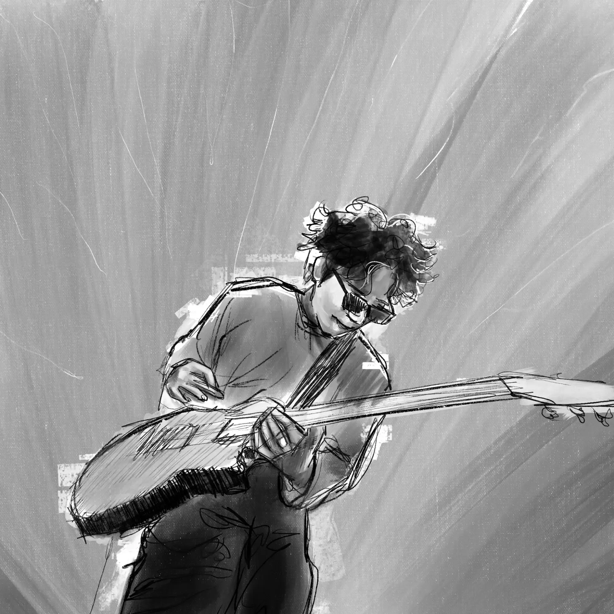 A black-and-white sketch of a curly-haired guitarist leaning into a solo