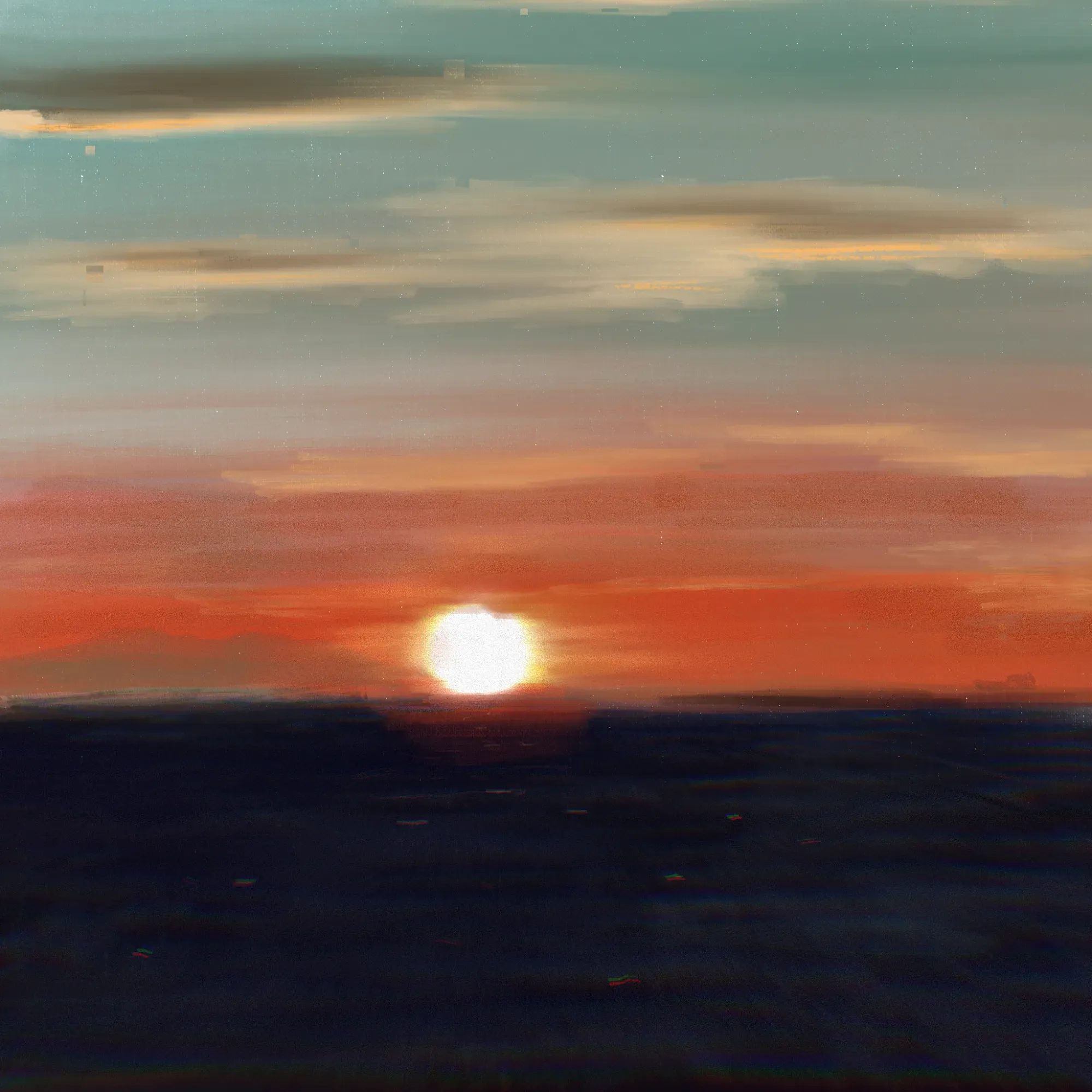 A sun sinking into dark water, painted with glitchy horizontal brush streaks