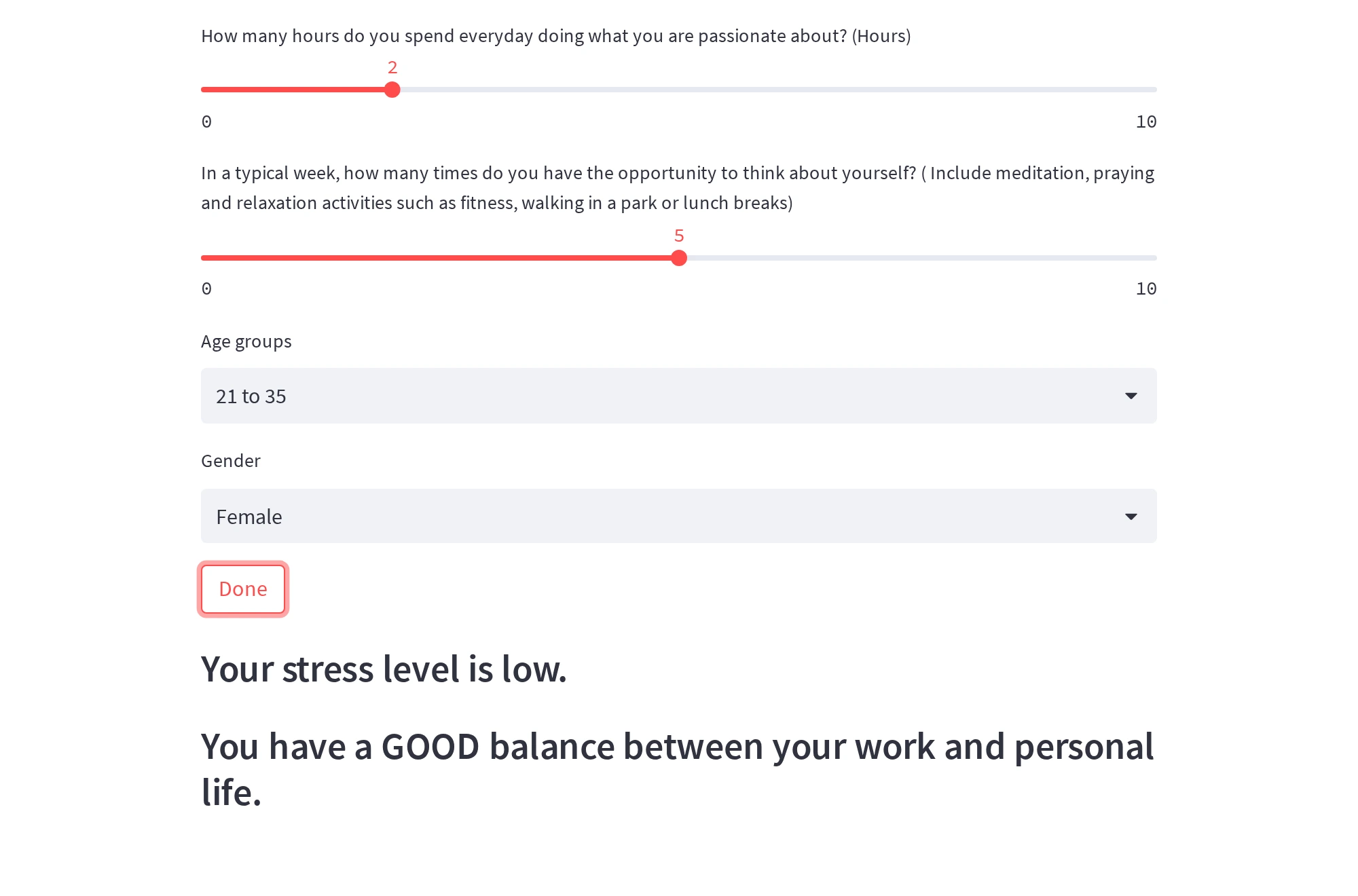 After submitting the questionnaire, the app reports a low daily stress level and a GOOD work-life balance grade.