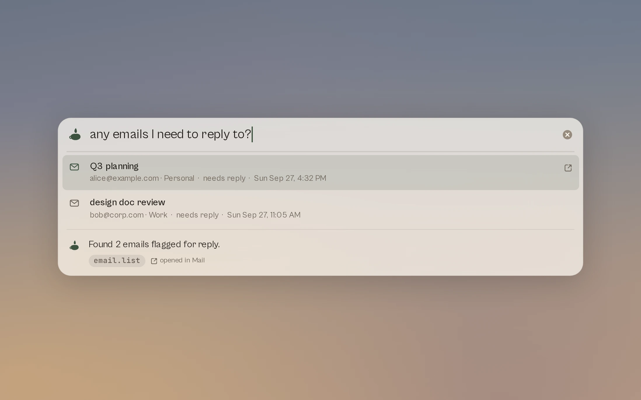 Vesper's floating bar (Cmd+Shift+Space) answering "any emails I need to reply to?" with flagged threads, the routed tool and the Mail app it opened.